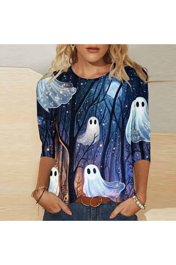 Women Plus Size Halloween Round Neck 3/4 Sleeve Graphic Gothic Tops Casual Pullover Blouses Spooky Outfits for Party Night Costume, Blue L