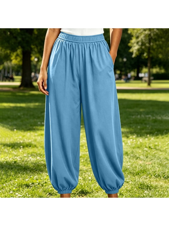 Women Plus Size Harem Pants Elastic Waist Flowy Lounge Pants Casual Loose Long Palazzo Trousers for Home Work Fall Winter Outfits, Light Blue XL