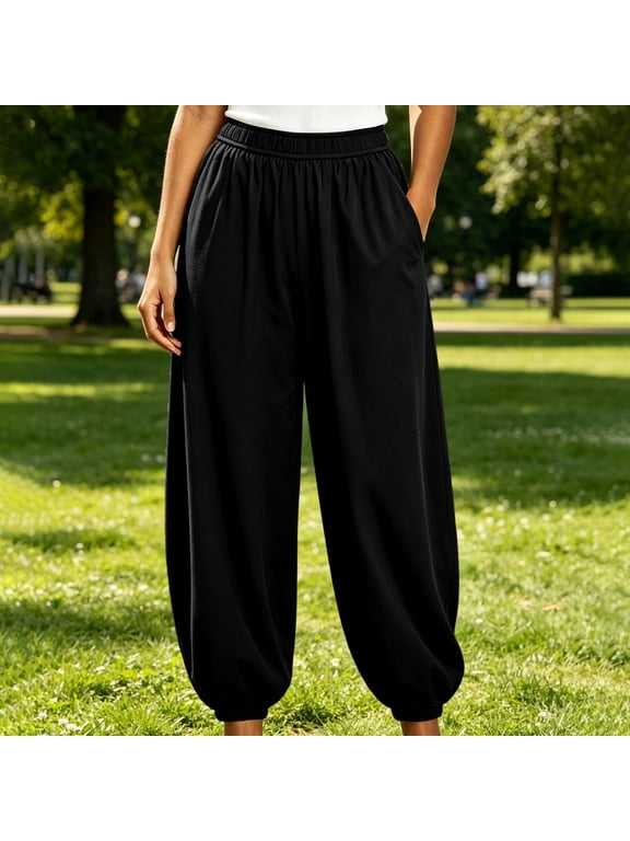 Women Plus Size Harem Pants Elastic Waist Flowy Lounge Pants Casual Loose Long Palazzo Trousers for Home Work Fall Winter Outfits, Black 2XL