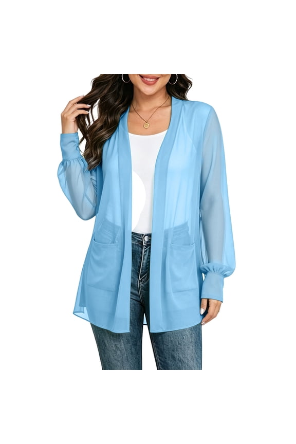 Women Plus Size Long Sleeve Chiffon Cardigan Fall Winter Open Front Casual Coverup Flowy Drapey Jacket Blouses for Work Office, Light Blue 3XL