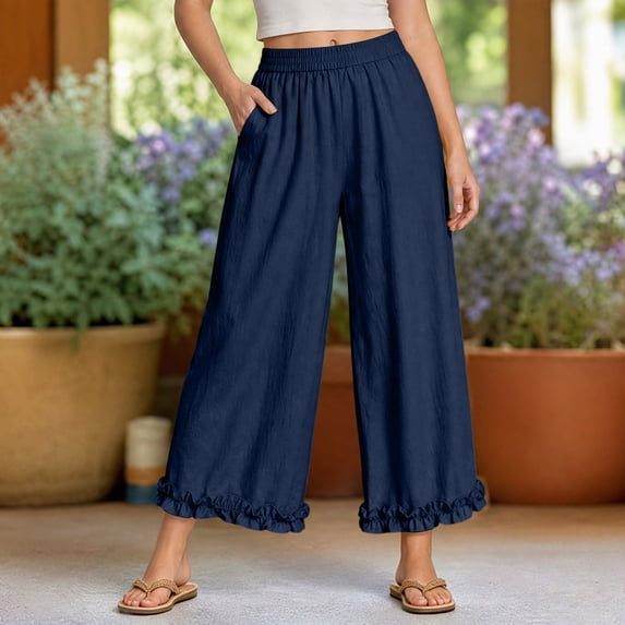 sdhkgrrt Women Plus Size Wide Leg Cropped Pants with Pockets Elastic Waist Casual Ruffle Lounge Pants Solid Workout Relaxed Fit Fall Palazzo Trousers, Navy 3XL