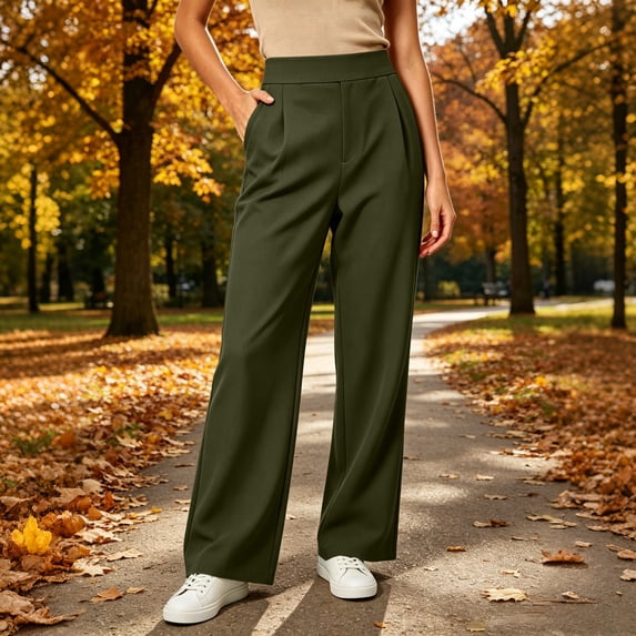 sdhkgrrt Women Plus Size Wide Leg High Waisted Trousers Stretch Casual Palazzo Pants with Pockets Office Travel Lounge Fashion Outfits, Army Green 2XL