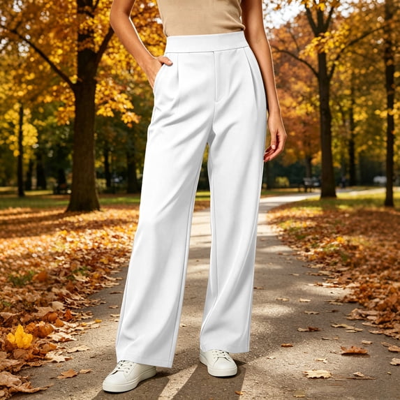 sdhkgrrt Women Plus Size Wide Leg High Waisted Trousers Stretch Casual Palazzo Pants with Pockets Office Travel Lounge Fashion Outfits, White 2XL