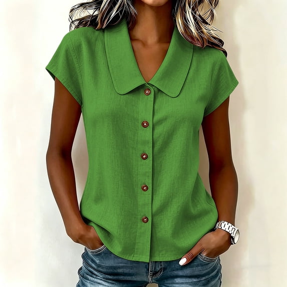 sdhkgrrt Women Short Sleeve Button Down Shirts Summer Casual Collared Tops Solid Slim Fit Pullover Blouses Cute Office Work Outfits Clothes, Green M