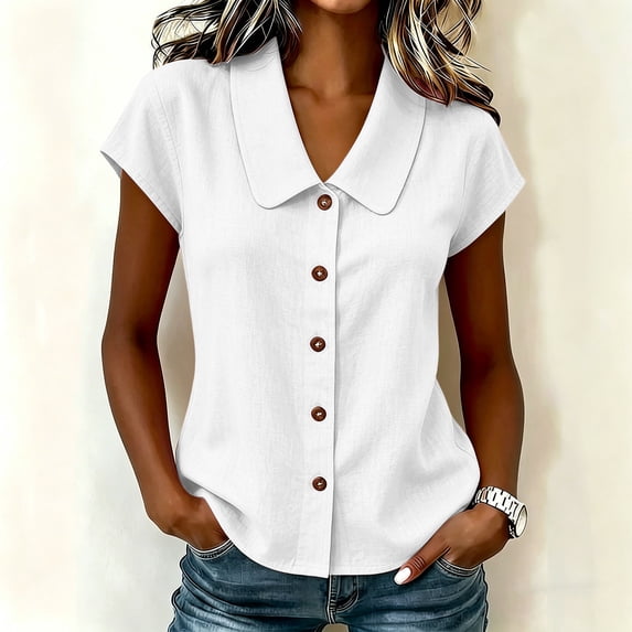 sdhkgrrt Women Short Sleeve Button Down Shirts Summer Casual Collared Tops Solid Slim Fit Pullover Blouses Cute Office Work Outfits Clothes, White S