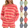 thumbnail image 1 of sdhkgrrt Women's 2 Piece Matching Lounge Set Soft Long Sleeve Round Neck Pullover Tops Drawstring Waist Shorts Striped Loose Casual Outfits Fall Tracksuit Clothing , Hot Pink M, 1 of 7