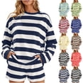 thumbnail image 1 of sdhkgrrt Women's 2 Piece Matching Lounge Set Soft Long Sleeve Round Neck Pullover Tops Drawstring Waist Shorts Striped Loose Casual Outfits Fall Tracksuit Clothing , Navy M, 1 of 7