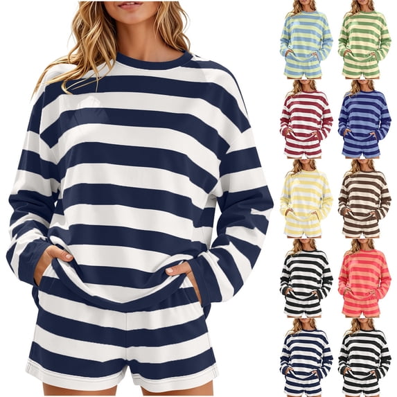 sdhkgrrt Women's 2 Piece Matching Lounge Set Soft Long Sleeve Round Neck Pullover Tops Drawstring Waist Shorts Striped Loose Casual Outfits Fall Tracksuit Clothing , Navy M