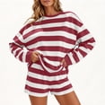 thumbnail image 1 of sdhkgrrt Women's 2 Piece Matching Lounge Set Soft Long Sleeve Round Neck Pullover Tops Drawstring Waist Shorts Striped Loose Casual Outfits Fall Tracksuit Clothing , Red XL, 1 of 6