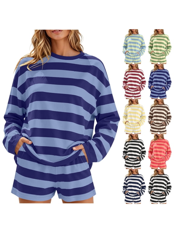 Women's 2 Piece Matching Lounge Set Soft Long Sleeve Round Neck Pullover Tops Drawstring Waist Shorts Striped Loose Casual Outfits Fall Tracksuit Clothing , Blue S