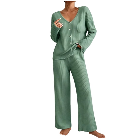 sdhkgrrt Women's 2 Piece Pajama Set Soft Loose V Neck Long Sleeve Top Matching Wide Leg Pants Sleepwear Lounge Outfits Casual Fall Winter Tracksuit Clothing, Green S