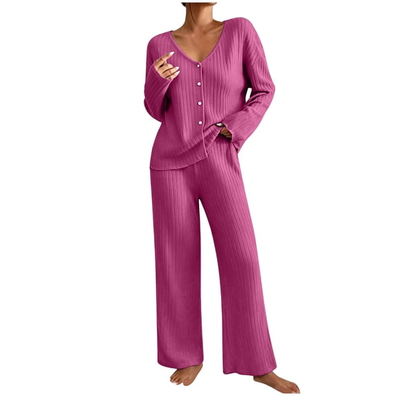 sdhkgrrt Women's 2 Piece Pajama Set Soft Loose V Neck Long Sleeve Top Matching Wide Leg Pants Sleepwear Lounge Outfits Casual Fall Winter Tracksuit Clothing, Hot Pink M