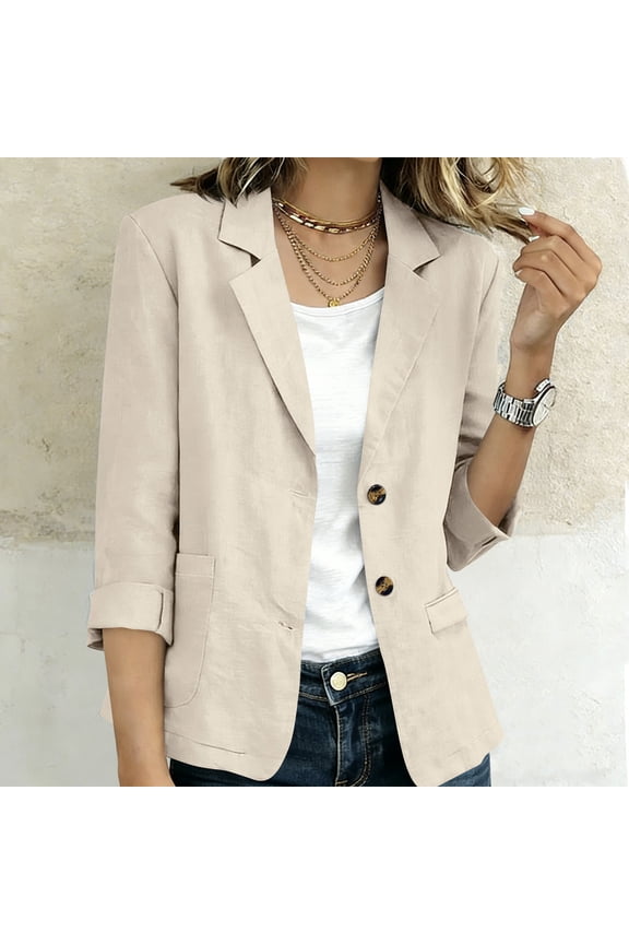 Women's 3/4 Sleeve Blazer Fall Winter Spring Button Down Collared Open Front Casual Jacket Work Office Outfits Tops, Beige S