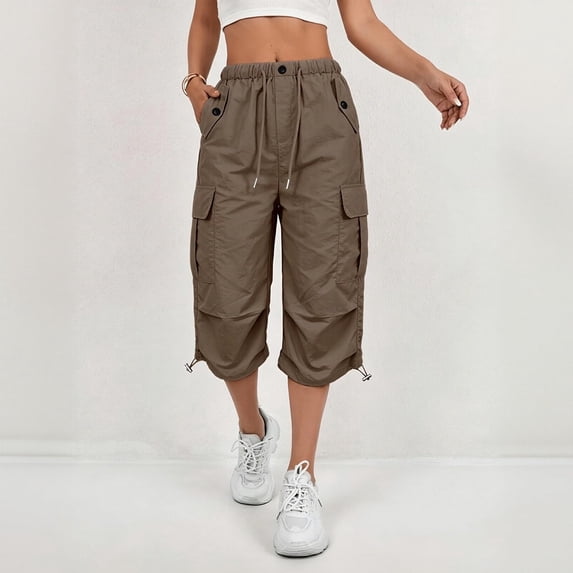 sdhkgrrt Women's Cargo Capris Pants with Pockets Lightweight Quick Dry Travel Summer Pants Casual Loose Comfy Athletic Pants, Brown S