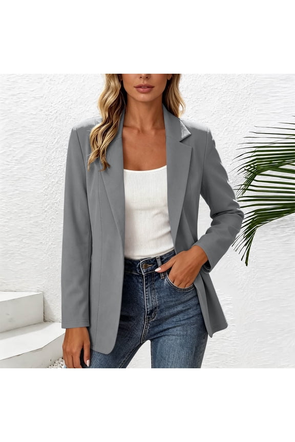 Women's Collared Long Sleeve Button Down Blazer Fall Winter Spring Casual Open Front Blazers Loose Business Work Tops Basic Outfits, Gray 2XL