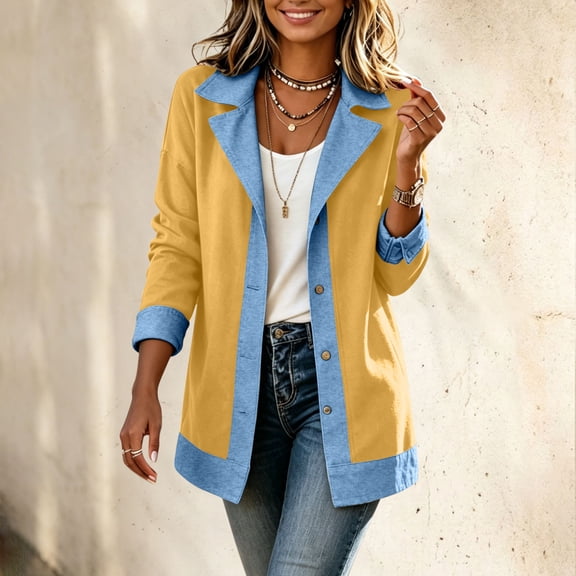 sdhkgrrt Women's Collared Long Sleeve Button Down Blazers Fall Winter Open Front Casual Blazer Jackets Solid Basic Coats Work Office Outfits, Yellow M