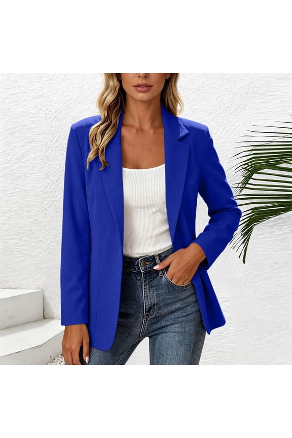 Women's Collared Long Sleeve Button Down Blazer Fall Winter Spring Casual Open Front Blazers Loose Business Work Tops Basic Outfits, Blue XL