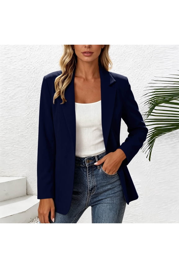 Women's Collared Long Sleeve Button Down Blazer Fall Winter Spring Casual Open Front Blazers Loose Business Work Tops Basic Outfits, Navy M