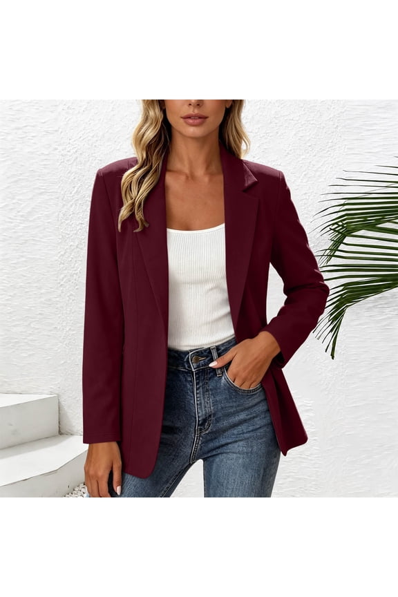 Women's Collared Long Sleeve Button Down Blazer Fall Winter Spring Casual Open Front Blazers Loose Business Work Tops Basic Outfits, Wine L