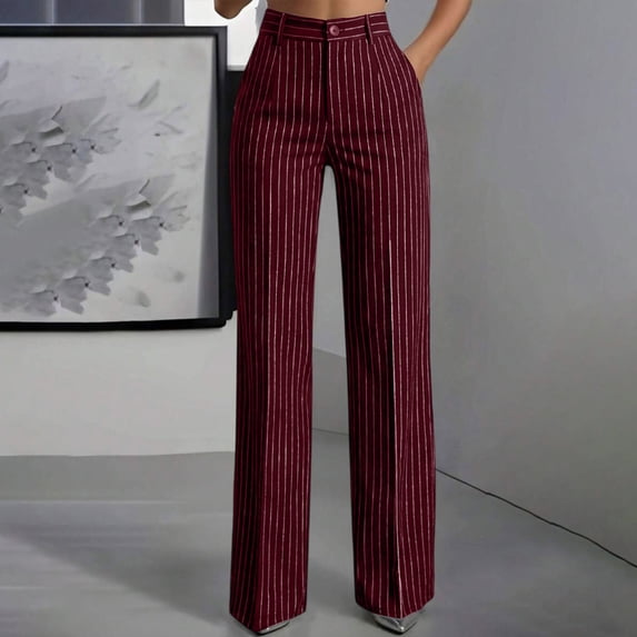 sdhkgrrt Women's High Waisted Wide Leg Trousers with Pockets Striped Business Casual Dressy Pants Lounge Office Wear Loose Palazzo Pant Fall Fashion Outfits, Wine L