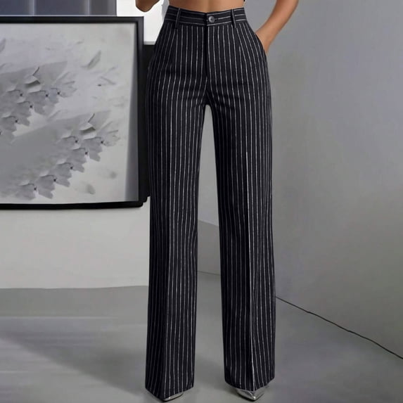 sdhkgrrt Women's High Waisted Wide Leg Trousers with Pockets Striped Business Casual Dressy Pants Lounge Office Wear Loose Palazzo Pant Fall Fashion Outfits, Black S