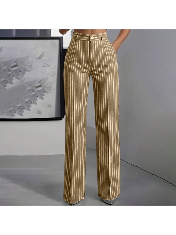 Women's High Waisted Wide Leg Trousers with Pockets Striped Business Casual Dressy Pants Lounge Office Wear Loose Palazzo Pant Fall Fashion Outfits, Khaki M