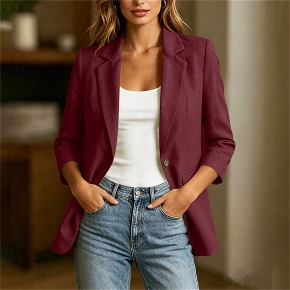 sdhkgrrt Women's Long Sleeve Button Down Blazer Fall Open Front Business Work Casual Suit Jackets Solid Basic Office Outfits Tops, Wine XL