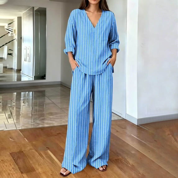 sdhkgrrt Women's Plus Size 2 Piece Pajama Outfit Striped V Neck 3/4 Sleeve Blouse Wide Leg Pants Casual Boho Lounge Set Loose Matching Travel Daily Tracksuits, Sky Blue S