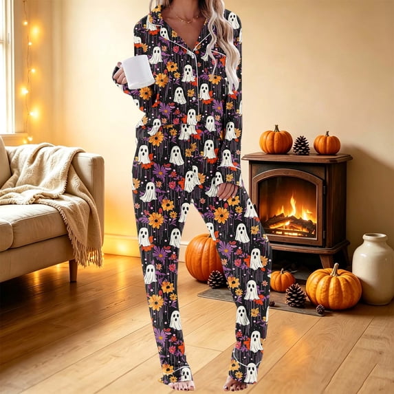 sdhkgrrt Women's Plus Size 2 Piece Pajama Set Collared Long Sleeve Shirt Wide Leg Pants Halloween Printed Lounge Outfit Soft Loose Matching Casual Fall Tracksuit, Purple L