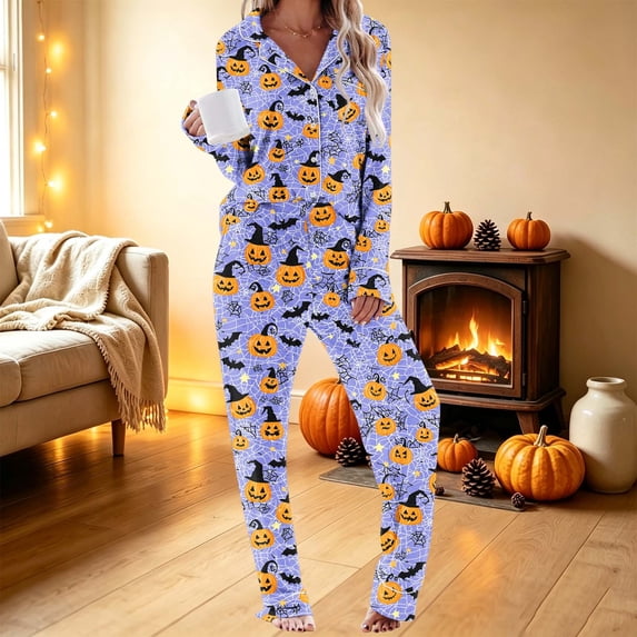sdhkgrrt Women's Plus Size 2 Piece Pajama Set Collared Long Sleeve Shirt Wide Leg Pants Halloween Printed Lounge Outfit Soft Loose Matching Casual Fall Tracksuit, Purple 3XL