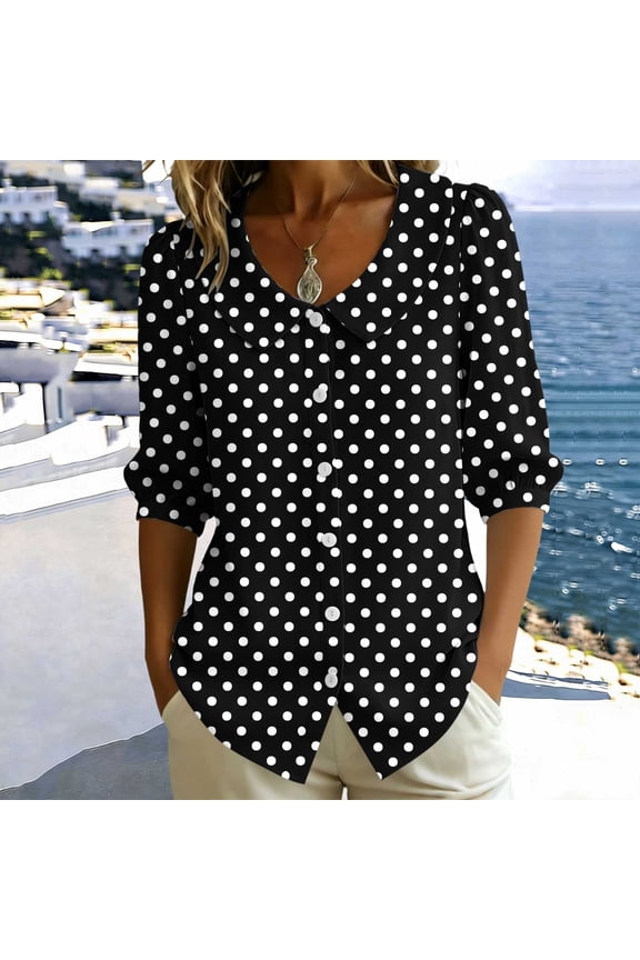 Women's Polka Dot Button Down Blouse 3/4 Sleeve Collared Casual Tops Spring Fall Summer Trendy Basic Work Office Shirts, Black 2XL