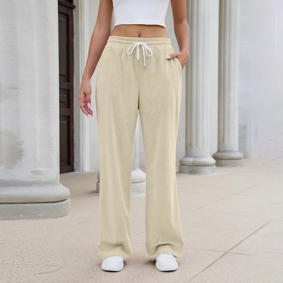 sdhkgrrt Women's Wide Leg Drawstring Pants with Pockets Casual Flowy Lounge Long Pants Work Travel Vacation Fall Outfits Winter Sweatpants, Beige L