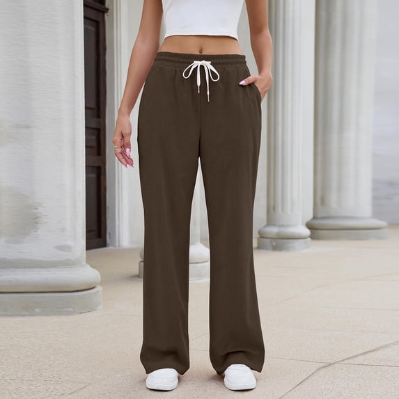 sdhkgrrt Women's Wide Leg Drawstring Pants with Pockets Casual Flowy Lounge Long Pants Work Travel Vacation Fall Outfits Winter Sweatpants, Coffee M
