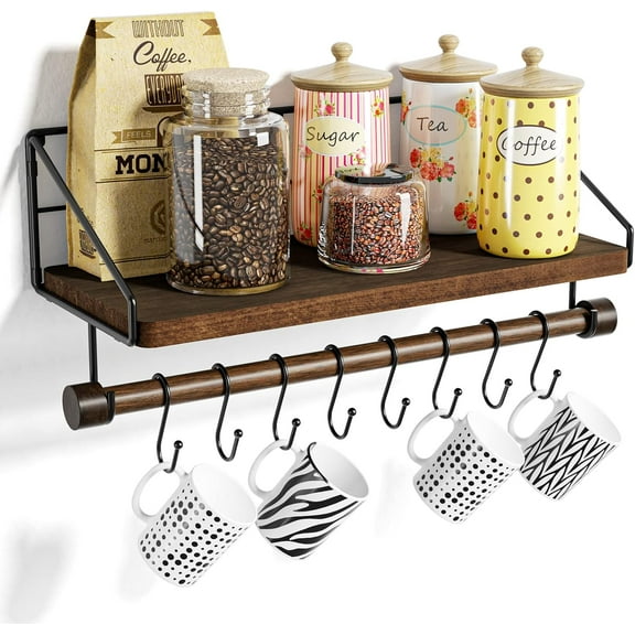 dxynlzq Floating Shelves Wall Shelves for Bedroom  Bathroom Shelves Wall Mounted with Towel Bar   Rustic Wood Shelf with Hooks for Hanging Cooking Utensils or Mugs