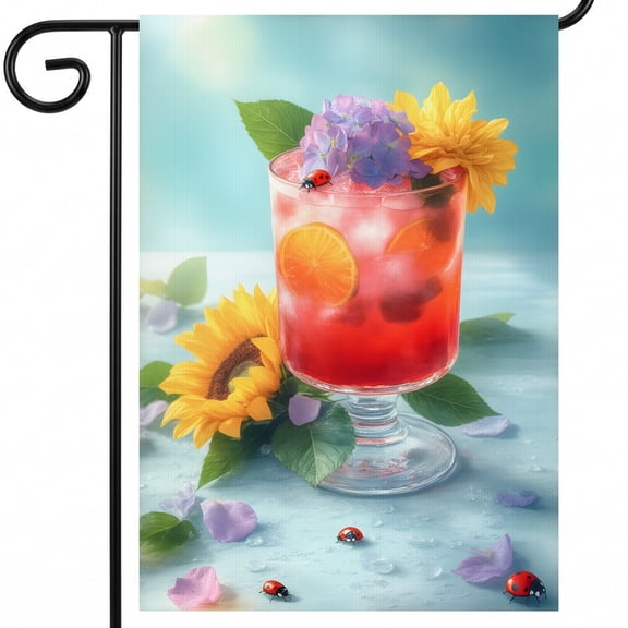 seasonal summer garden flags A glass of red drink with flowers and ladybugs on a blue background. - garden flags Large 28x40 Inch Decor Size for Deck Railing Display
