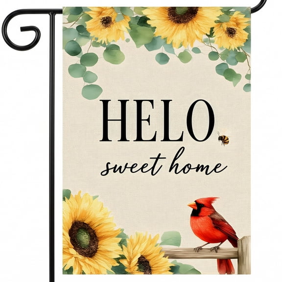 seasonal summer garden flags A red bird sitting on top of a wooden fence next to sunflowers. HELO sweet home outside flags for house 28x40in Full Size for Apartment Balcony Accent