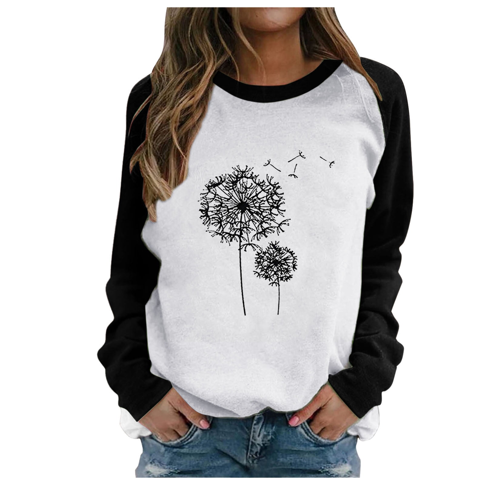 Pre-Owned - sebulube Women's Casual Round Neck Long Sleeve Print Top Blouse T-shirt