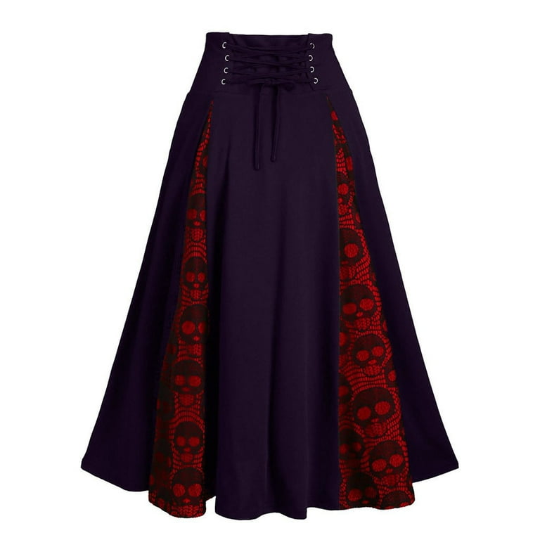 Sebulube Maxi Skirts for Women Women Plus Size Lace Patchwork High Waist Midi Skirt Gothic Pleated Skirt Purple/XL, Women's