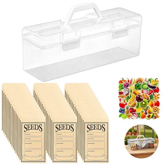 Seed Storage Organizer Box, Clear Plastic with Handle, Includes 200 Seed Envelopes and 50 Fruit Vegetable Stickers, Portable Container for Plant Flower Vegetable Garden Lovers Gift