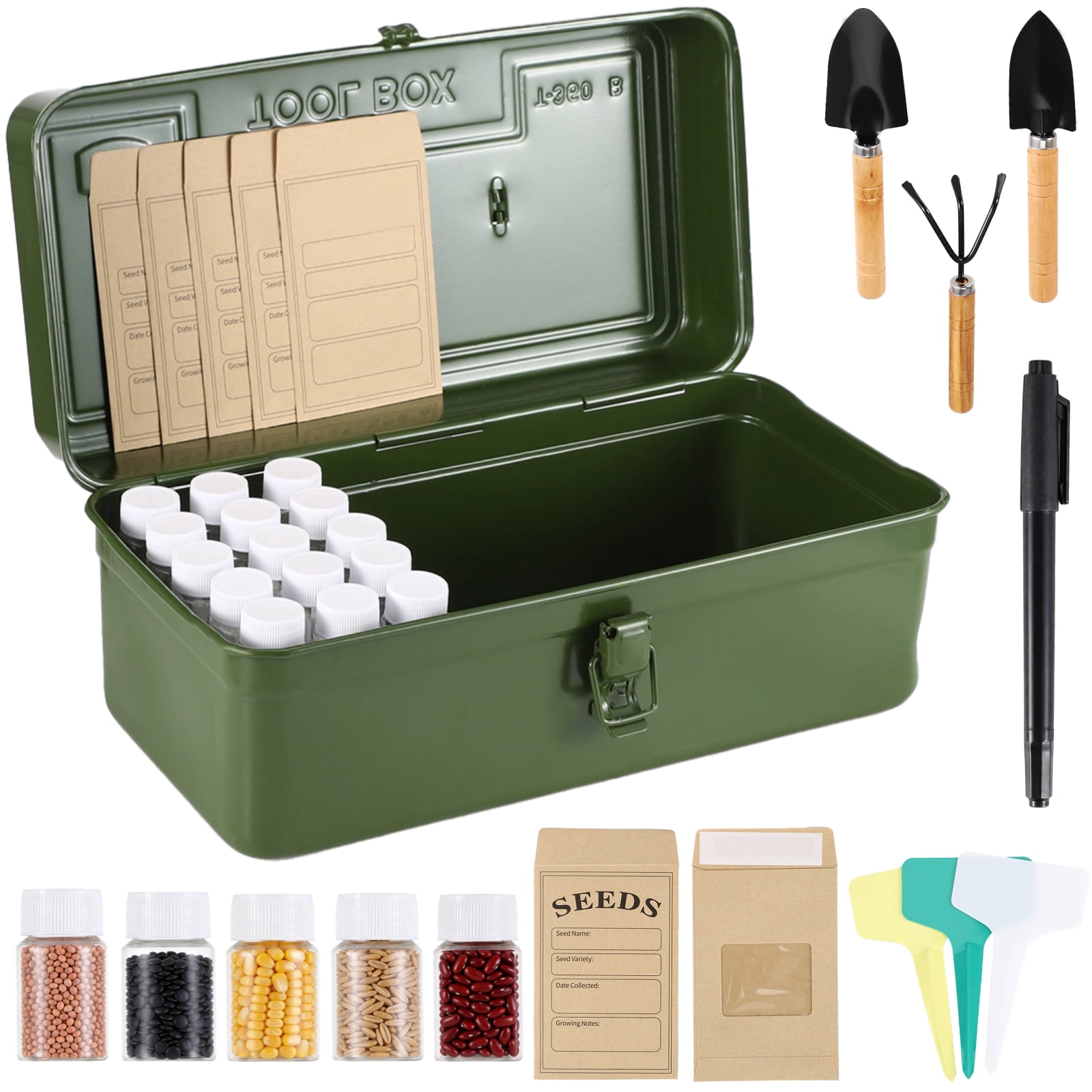 Metal Seed Storage Organizer Set with 30 Bottles, 30 Bags & 30 Labels, Plus 3 Tools & 1 Marker – Portable Seed Saving Box for Gardeners, Home Gardening, Planting Season, Green