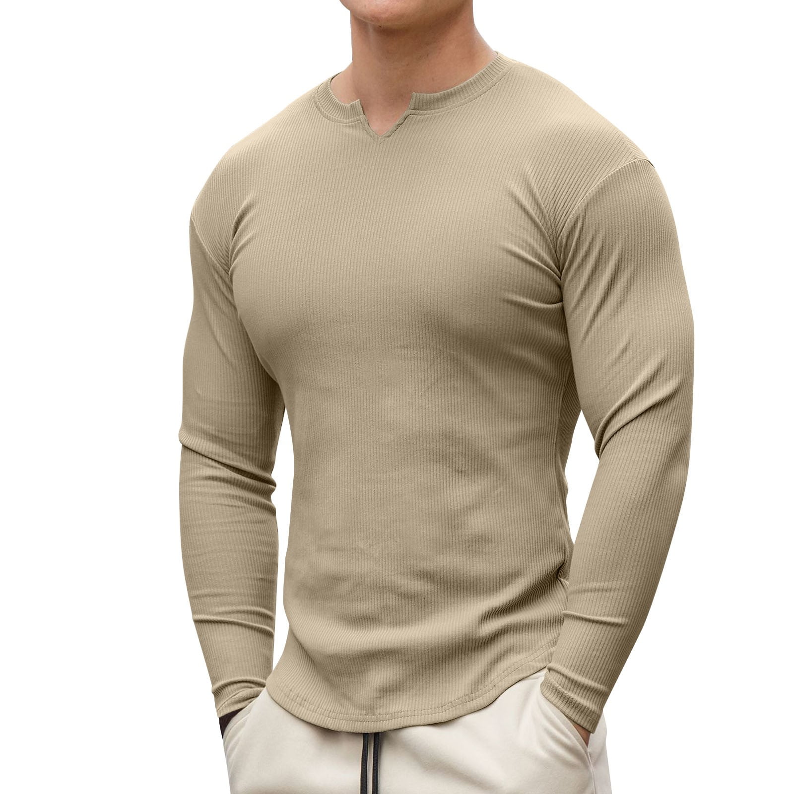 semimay male spring and summer v neck tops with solid color long sleeve casual elastic slim fit t shirts -