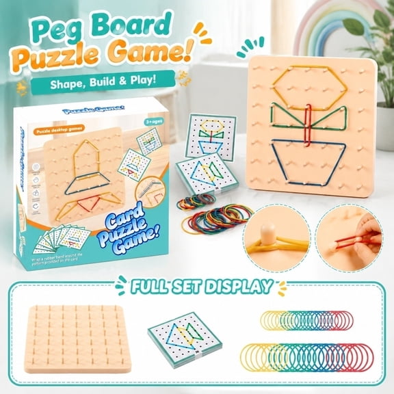 sensory activity board rubber band puzzle game wooden geoboard with latex bands pattern cards STEM math manipulative for kids ages 3-12 classroom home learning autism therapy,B