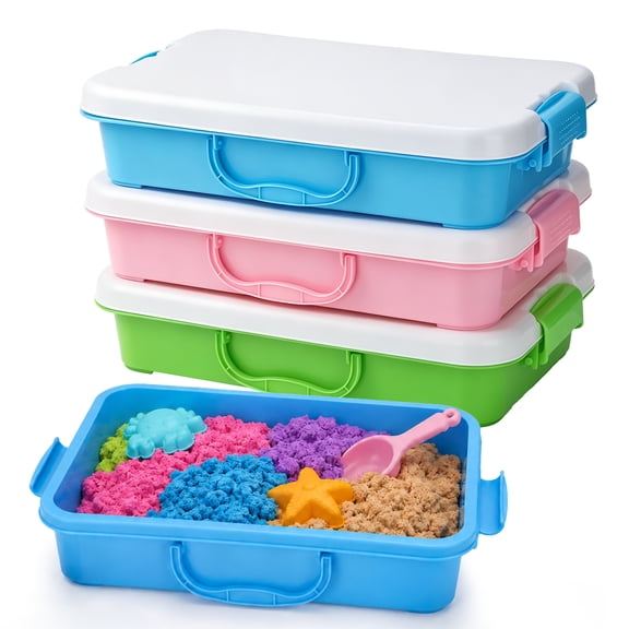 3 PCS Sensory Bin with Lid, Plastic Storage Bin with Handle, 13.6 x 9 x 3 in Portable Sandbox for Squeezable Sand Arts Crafts, 3 Colors Stackable Play Tray for Organization