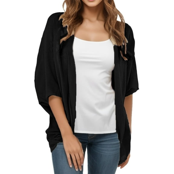sertiohcv 3/4 Sleeve Cardigan for Women Shrugs for Dresses Cardigans for Women Trendy 3/4 Sleeve Crewneck Cardigans Lightweight Open Front Casual Cardigan for Work Black,Size S