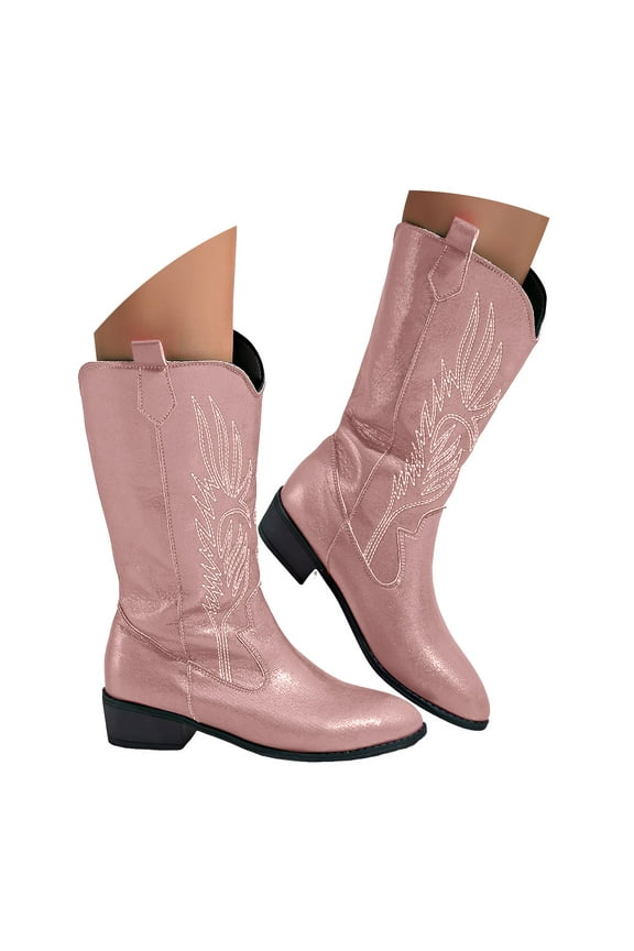 Combat Boots Womens Womens Shoes Cowboy Boots for Women Knee High Cowgirl Boots with Embroidered Slip On Pointed Toe Heel Pull On Fashion Retro Tall Boot Pink,Size US 7.5