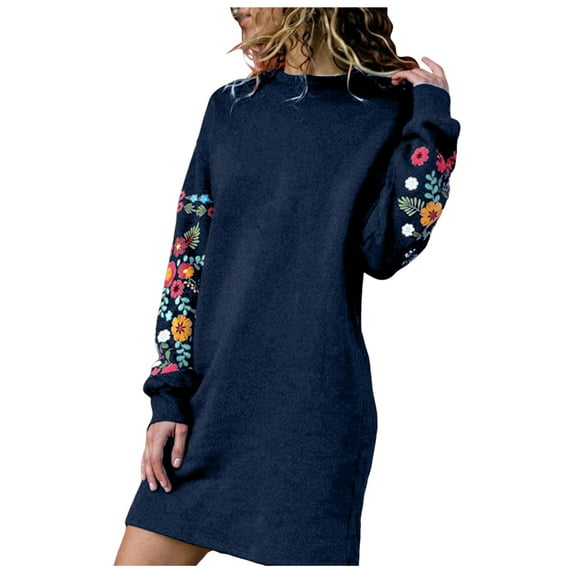 sertiohcv Floral Dress for Women Autumn Floral Embroidery Winter Women Long Dress Sleeve Casual Sweatshirt Women Dress Navy,Size 2XL