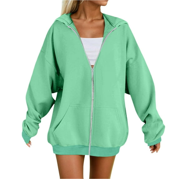 sertiohcv Hoodies For Women Zip Up Lightweight Solid Color Long Sleeve Jackets For Women Fashion Basic Casual Sweatshirt For Women with Slant Pockets Green,Size 3XL