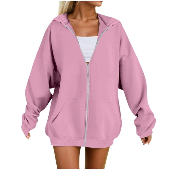 sertiohcv Hoodies For Women Zip Up Lightweight Solid Color Long Sleeve Jackets For Women Fashion Basic Casual Sweatshirt For Women with Slant Pockets Pink,Size M