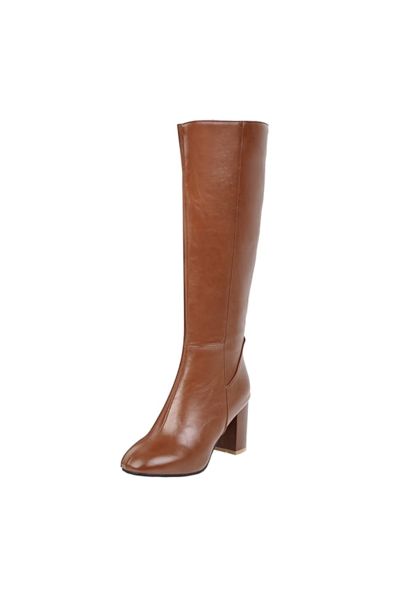 Knee High Boots Women Women Knee High Boots Round Toe Chunky Heel Boots Gogo Boots with Side Zip Fashion Tall Boots for Women Brown Size for US 8