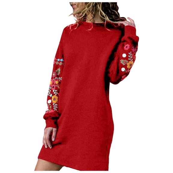 sertiohcv Sundresses for Women Autumn Floral Embroidery Winter Women Long Dress Sleeve Casual Sweatshirt Women Dress Red,Size XL